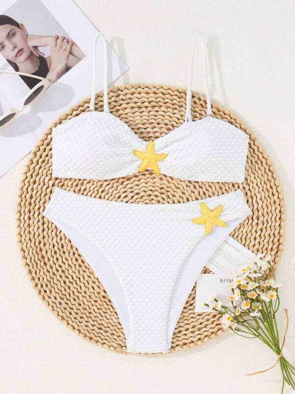 2pcs Women Casual Vacation Beach Spaghetti Strap Bikini Set, Crop Top And Bottoms