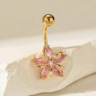 1pc Silver-Plated Copper Zirconia Sparkly Floral Belly Button Ring, Suitable For Women To Wear For Party And Occasions