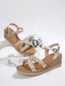 Women's Wedge Heel Thick-Soled Sandals Summer Waterproof Platform Braided Strap Fashion Sandals - Champagne - View 6