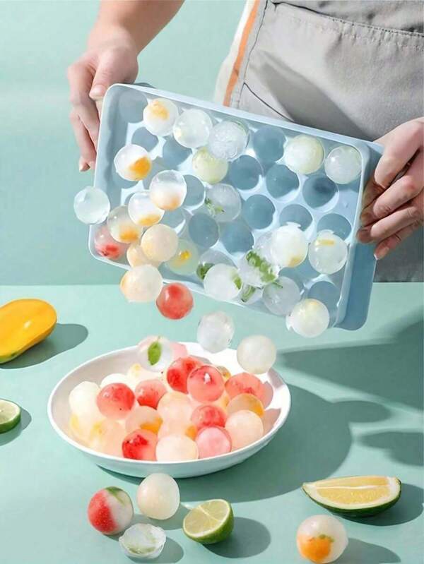 1pc 33-Cavity Ice Cube Tray With Lid, Drain Rack, Round-Shaped Ice Ball Maker For Home Refrigerator