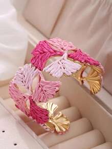 1pc Elegant Fashionable Ginkgo Leaf Raffia Open Bangle Bracelet, 6 Color Option, Suitable For Beach, Hawaii Travel Wear