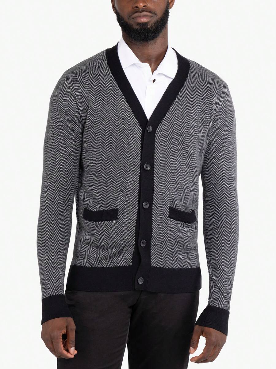 Men's Herringbone Cardigan Sweater - Off Wht/Black - View 1