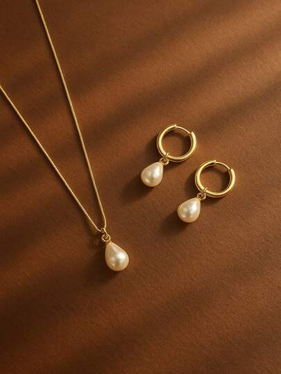 3pcs Stainless Steel Waterproof And Non-Fading Stylish Women's Gold/Silver Water Droplet Pearl Hoop Earrings Necklace Jewelry Set, Suitable For Women's Daily Wear