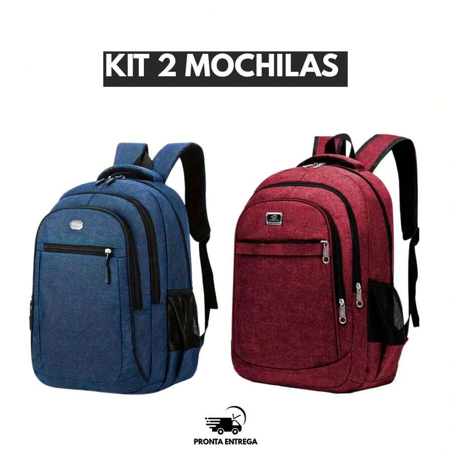 Kit 2 Mochilas Bolsas Unissex Resistente Ideal Para Escola Trabalho Premium Moderna - Multicolorido - Visão 1
