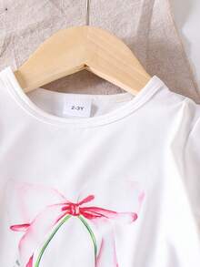 2pcs Girl Sporty Cute Strawberry Print T-Shirt + Bow Decor Long Pants Set, Summer Outfit - Red - View 3