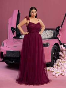 Faeriesty Luxe Plus Elegant Pleated Front Panel Mesh Splice Spaghetti Strap Party Dress - Burgundy - View 6