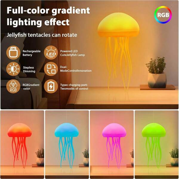 Modern Jellyfish Table Lamp, USB Rechargeable, Adjustable Color Changing LED Night Light With Polished Plastic Base, On/Off Control Seascape Theme Lighting, Rechargeable Li-Ion Battery, For Home Decoration