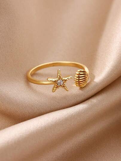 1 pieza Anillo ajustable de aleación lindo y minimalista con concha y estrella de mar, joyería para niñas
