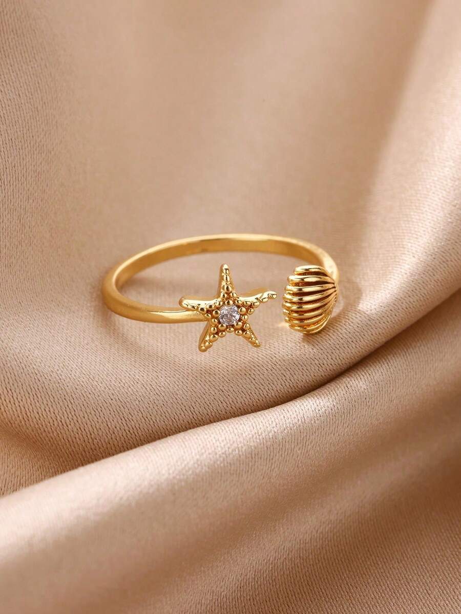 1pc Cute Minimal Alloy Shell & Starfish Adjustable Ring, Girls Jewelry - Gold - View 1