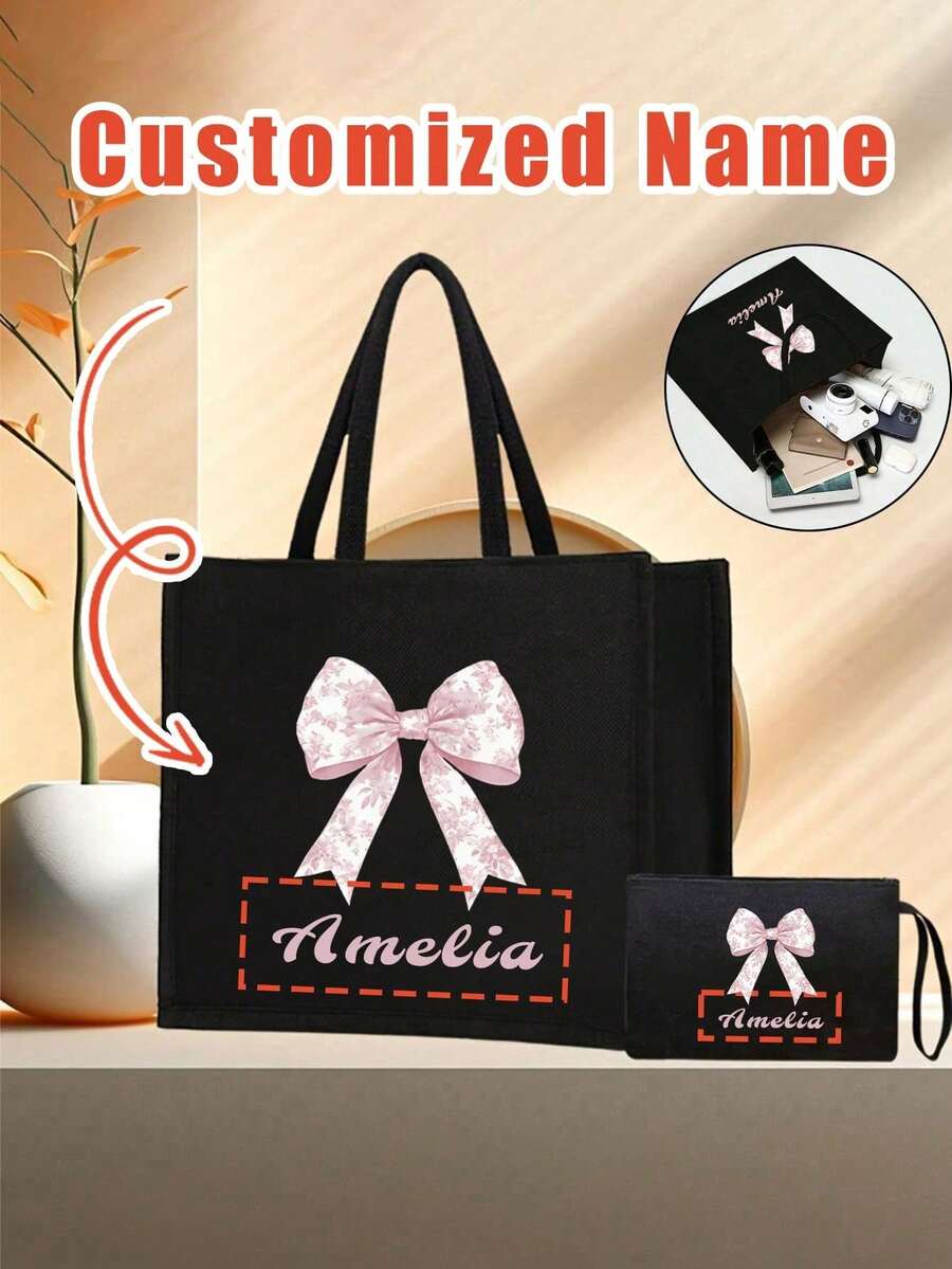 Customized Linen Tote Bag Set, Pink Bow Pattern, 3 Styles Available: Tote Bag + Small Pouch, Beach Vacation Bag, Shopping Bag, Large Capacity Storage Bag, Reusable Tote Bag, Suitable For Business Travel, Tourism, Picnic, Photography, And Also An Excellent Gift For Various Holidays And Birthdays. - Black - View 1