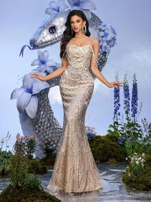Elisanya Đầm dạ hội trang trí ngọc trai tinh tế LUVISTRUE Fairy Temperament cho nữ Váy dạ hội sequin cho mùa tốt nghiệp Dạ hội, tiệc sinh nhật, dạ tiệc, tiệc cocktail, hòa nhạc, lễ trao giải Váy dài chấm đất một bên vai màu trơn - Màu be - Xem 3