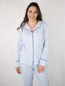 Women's Long American Cotton Pajamas With Button For Winter And Cold Weather, Adults Recommended For Pregnant Women, Breastfeeding And Post-Surgery - Blue Striped - 藍色 - 查看 5
