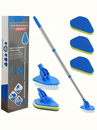 1 pieza Cepillo de limpieza de baño extensible 2 en 1, mango de acero inoxidable, cabezal de esponja y cabezal de cepillo de piso, adecuado para bañera, piso y piscina, herramienta de limpieza de mango largo multifuncional, rotación de 180°, utilizable en cualquier espacio, cepillo de piso de mango largo, cepillo de bañera de esponja multifuncional, cepillo de piso, cepillo triangular retráctil, cepillo de limpieza de cerdas duras para interiores