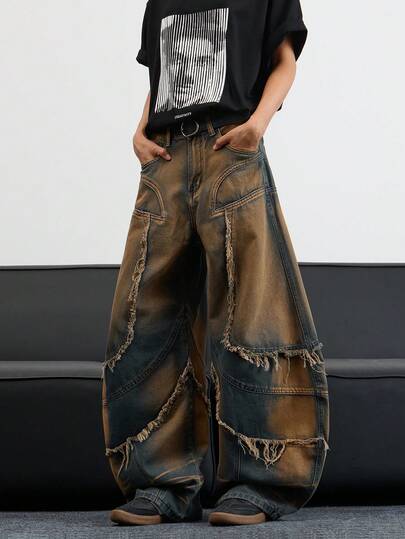 Hearty Haven 1件装复古拼接做旧宽松牛仔裤，舒适休闲宽松男士长裤（不含腰带和配饰）