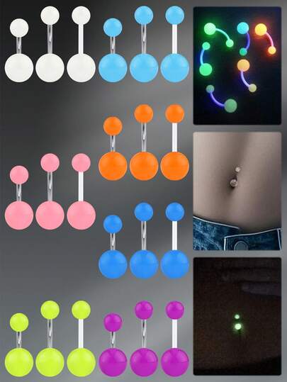 CIZME Khuyên rốn nhựa phát sáng trong bóng tối, bộ trang sức xỏ rốn bằng cao su acrylic neon, khuyên rốn bằng thép không gỉ, cỡ 14G, 6mm, 10mm, khuyên rốn ngắn nhiều màu, unisex.