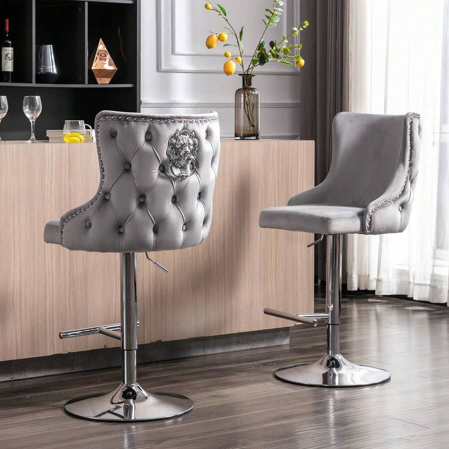 Chairus Modern Bar Stools Set Of 2 Breakfast Stools With Lion Knocker, Velvet Counter Stools With Metal Base For Kitchen Island - Grey - View 1