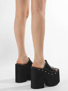 Gdgydh Popular European And American Style Thick-Soled Wedge Heel Sandals For Women Platform Classic Slippers Outdoor Black Platform Sandals Fashion Rivet High Heels Slip On - Black - View 6