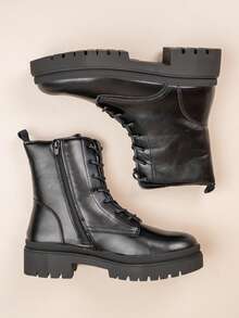 Faux Leather Chunky Sole Lace-Up Combat Boots - Black - View 7
