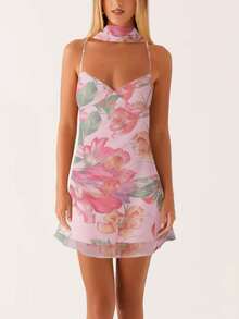 Women Y2K Floral Cami Mini Dress With Choker Scarf Sets Solid Color Spaghetti Strap V-Neck Mesh Bodycon Short Dress Summer Backless Sleeveless Going Out Slip Dress Party Club Beach Vacation Sundress - 紫羅蘭色 - 查看 3