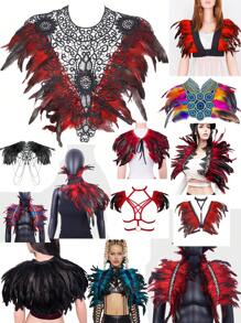 Festliches Federschal-Top, Schal-Cape, Accessoires zum Anziehen Federn-Körpergeschirr für Frauen Tops Cape Schal Schulterschal Punk Gothic Rave Dance Festival Kragen mit Manschetten Schulter Abzeichen Anziehsachen Künstliche Federn