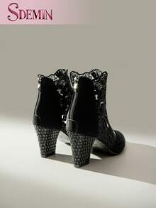 2024春秋時尚女性日常約會和旅遊後拉鍊厚跟靴子，時尚潮流的黑色尖頭網狀透氣高跟鞋 - 黑色 - 查看 10