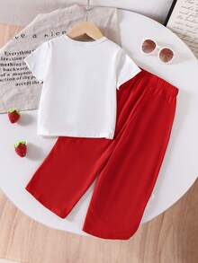 2pcs Girl Sporty Cute Strawberry Print T-Shirt + Bow Decor Long Pants Set, Summer Outfit - Red - View 2