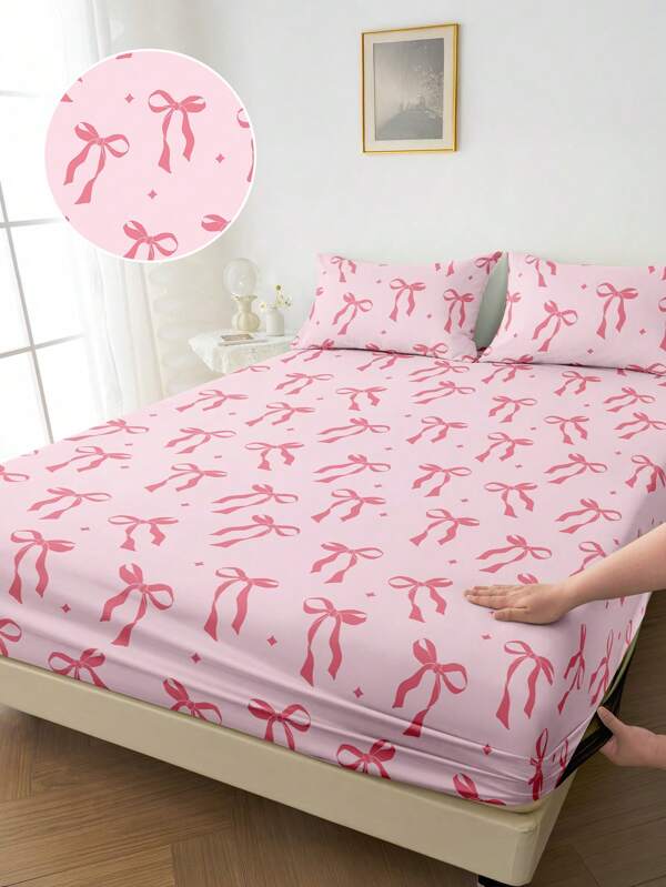 1pc Fitted Sheet, Bedding, Mattress Protector, Bed Cover, Bed Sheet, Cozy Home Textile, Breathable And Anti-Pilling Mattress Protector, Pink Bow Tie Pattern Bed Cover, Home Decoration, Fits For All Size Beds - Twin, Full, Queen, King, Suitable For All Seasons, Dustproof Bedspread, Pillow And Pillow Case Not Included,