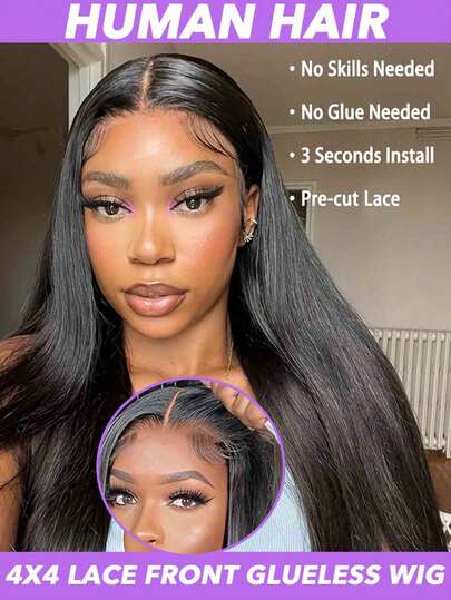 4x4 无胶假发 蕾丝闭合假发 人发直发 蕾丝前假发 人发 200% 密度 预拔婴儿头发 直发假发 无胶前假发 女士人发 自然黑色 8-28 30 英寸