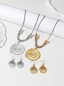 1 Set Of 3pcs Bohemian Style Metal Twisted Texture Pendant Earrings Jewelry Set, Holiday & Everyday Wear