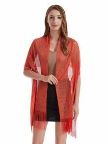 1 件金银线扁平围巾，新娘婚礼派对晚礼服披肩，女士 - 紅色 - 查看 2