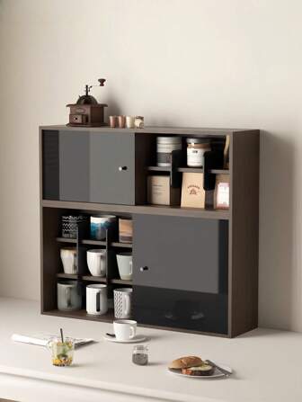 Vintage houten bekerdisplayset - meerlaags bekerhouder met stofdicht ontwerp, wandkast en bureaustandaard, keuken-thee- en koffiestation met schuifdeur.
