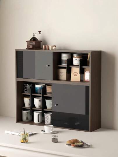 Vintage Holzregal Tassen Display - mehrstufiger Tassen Organizer Ständer mit Staubschutz-Design, Wandhalterung & Tischständer, Schiebetüren Küchen Tee Kaffee Station Aufbewahrung