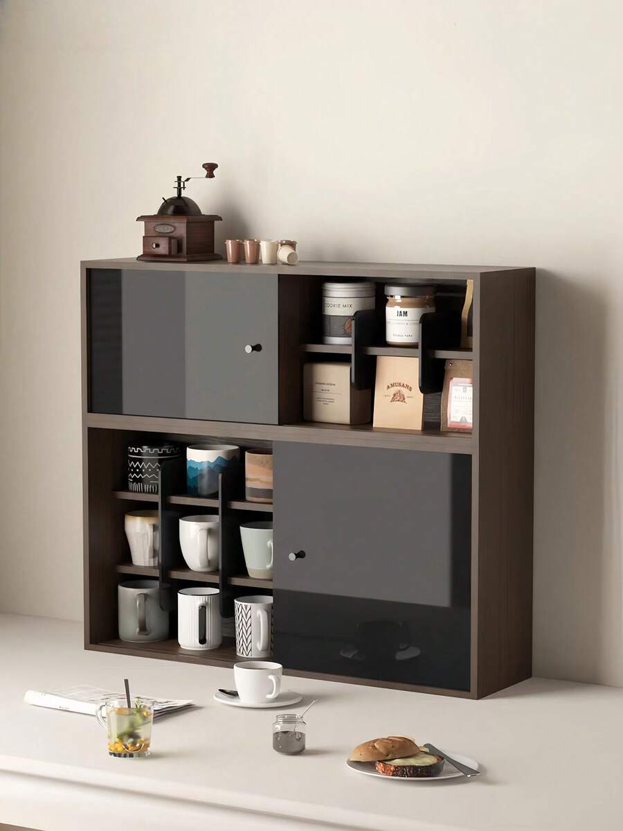 Estante vintage de madera para exhibir tazas - Organizador multi-nivel a prueba de polvo para tazas, con soporte de pared y de escritorio, armario con puerta corrediza, estación de almacenamiento de té y café de cocina.