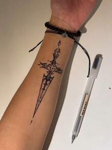 1pc Men's Herbal Temporary Tattoo With Cool Blade & Sword Gothic Pattern, Suitable For Men To Apply On Arms, Water-Resistant & Sweat-Proof, Lasts 7-14 Days - Black - View 4