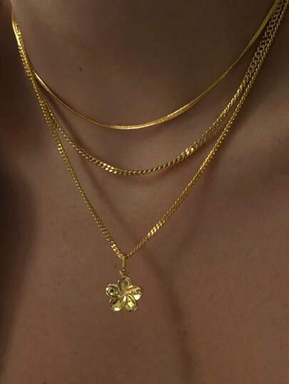 3pcs Flower Pendant, Wide Snake Bone Chain Necklace Minimalist Metal Layered Necklace Set, Elegant Vintage Chic Design, For Holiday, Party, Daily Wear, Gift