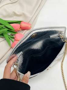 Vintage Textured Flap Crossbody Bag - Silver - View 5