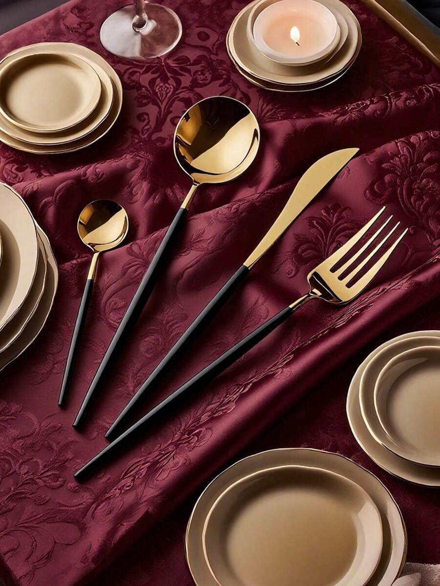 1/4/16/24/32pcs Stainless Steel Western Tableware Set - Including Table Forks, Soup Spoons And Teaspoons, Suitable For Cafe, Party, Wedding, Restaurant And Daily Use, Kitchen, Christmas Gift - gold+black - View 1