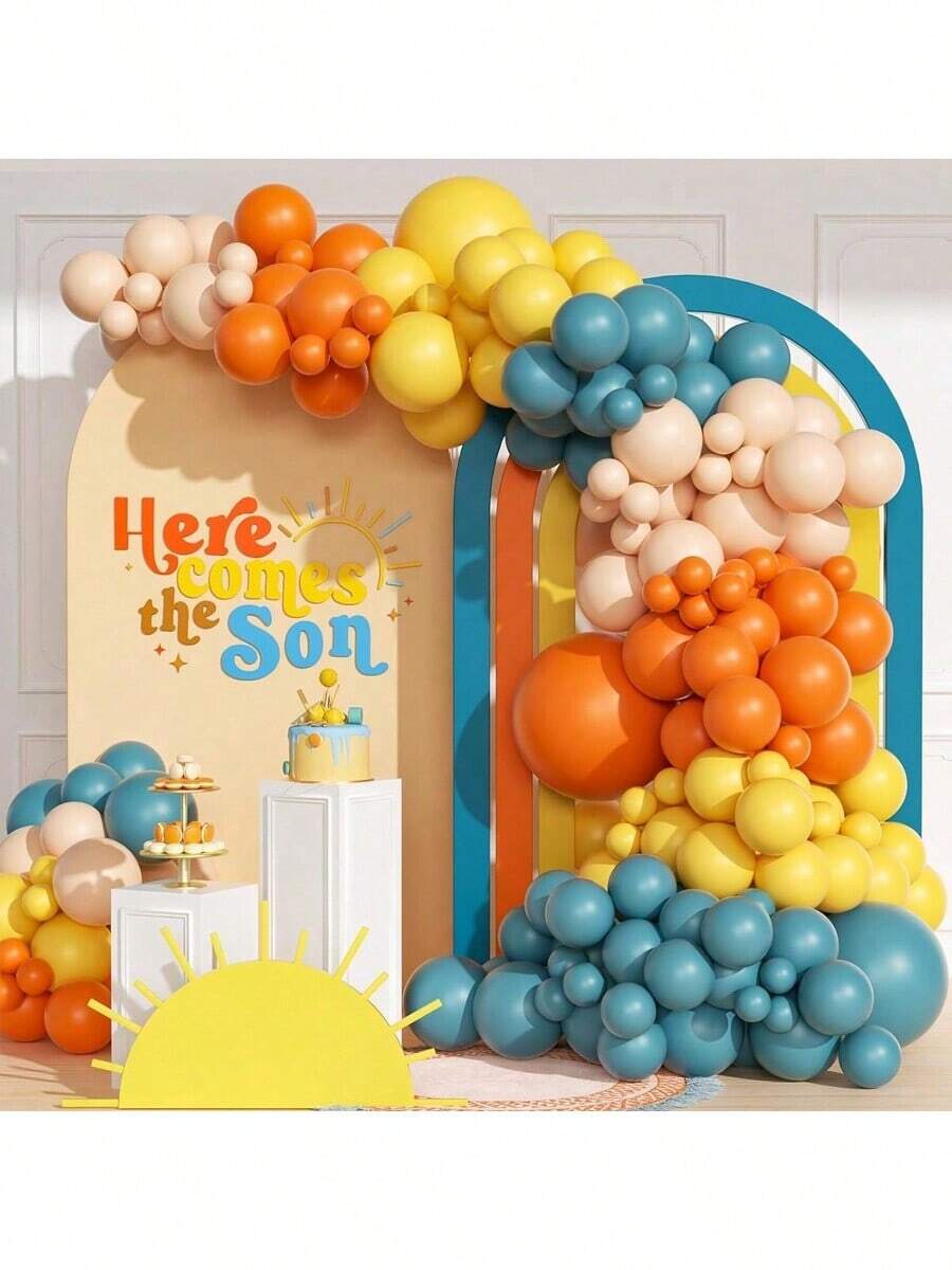 147 件/套复古风格花卉拱门气球套装，包含复古蓝色、马卡龙橙色、黄色气球，适用于婚礼、生日、毕业典礼和其他派对装饰，波西米亚风格 - 卡其色 - 查看 1