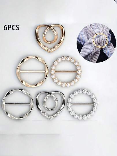 6 piezas Anillos de bufanda de seda, Accesorio de hebilla de cinturón de vestido de fiesta estilo metálico