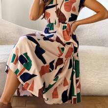 Vestido de verano de mangas cortas con cuello redondo y estampado geométrico para mujeres