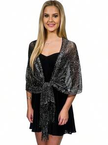 Metallic Glitter Shawl Wrap For Evening Dresses And Weddings - 黑色/銀色 - 查看 7