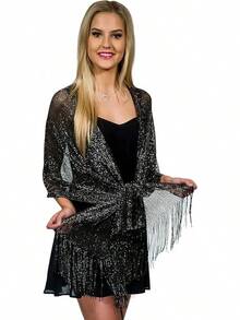 Metallic Glitter Shawl Wrap For Evening Dresses And Weddings - 黑色/銀色 - 查看 6