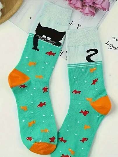 1 Pair Colorful Cute Cat Pattern Socks, Best Gift For Boyfriend/Girlfriend, Ideal For Halloween And Christmas, Unique Gift For Father, Daughter, Grandparent, Essential Socks For Shopping, Hiking, Sports And Travel