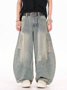 1 szt. Jeansy męskie Justice Brother Casual z przetarciami i rozkloszowaną nogawką, w stylu japońskim, w stylu vintage, z luźnym krojem i szerokimi nogawkami (bez paska i dodatków) - Niebieski - Zobacz 1