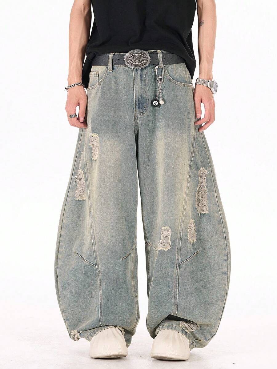 1 szt. Jeansy męskie Justice Brother Casual z przetarciami i rozkloszowaną nogawką, w stylu japońskim, w stylu vintage, z luźnym krojem i szerokimi nogawkami (bez paska i dodatków) - Niebieski - Zobacz 1
