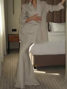 Set elegant de 2 piese pentru femei, cu jachetă și fustă, în stil solid - Gri - Vizualizare 4