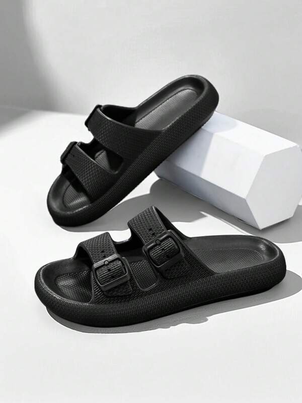 Sandalias de diapositiva con suela gruesa ajustable y doble barra casual de hombre negras, cómodas y transpirables para verano, casa, playa y resorts versátiles