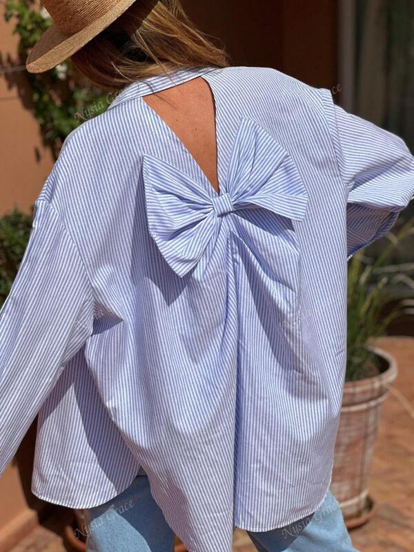 Blue Striped Long Sleeve Y2K Back-To-School Women's Shirt, V-Shaped Hollow Big Bow Back Business Casual Blouse, Essential For Teacher's Day In Autumn/Winter, Medium Thickness, Machine Washable