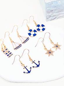5 Pairs Nautical Theme Anchor, Sailboat & Sailor Earrings, Unique Navy Blue Nautical Earrings For Women, Suitable For Daily Wear