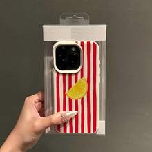 1个白色皮革纹理红色条纹柠檬图案手机壳，个性化保护套，兼容 16 Pro Max、15、14 Plus、13、12、11 - 彩色 - 查看 3